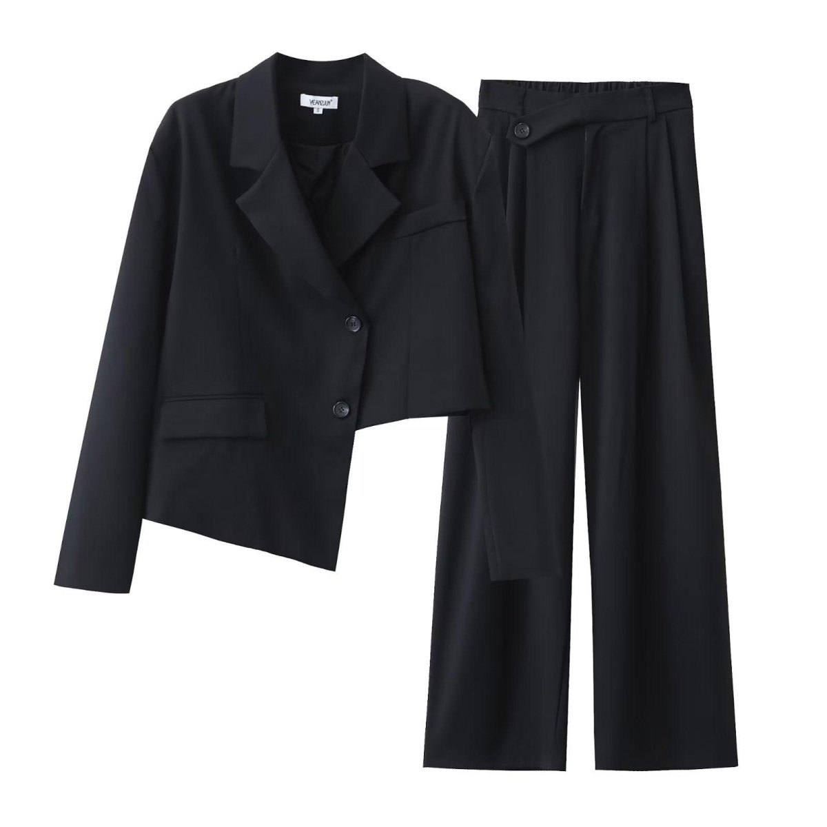 Women’s Asymmetric Short Blazer & High Waist Wide Leg Pants Set - ForVanity pant suit, women's clothing, women's outfits, women's suits Pant Suits