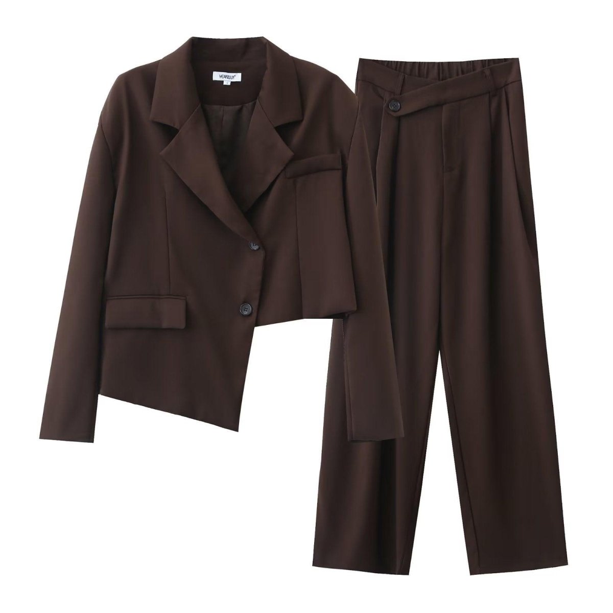 Asymmetric Short Blazer & High Waist Wide Leg Pants Suit - ForVanity