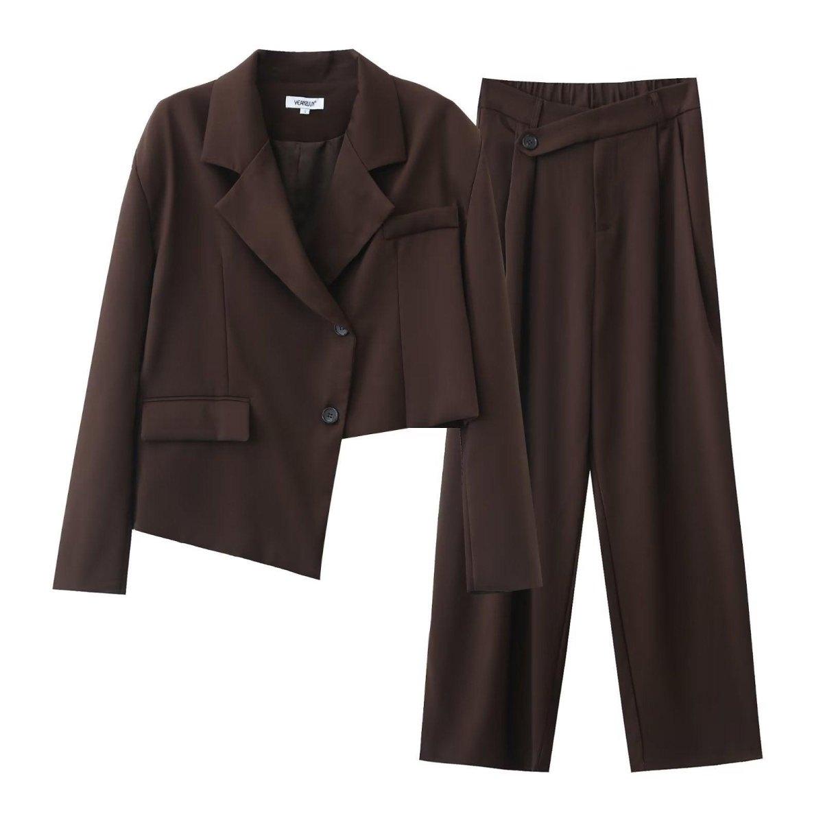 Women’s Asymmetric Short Blazer & High Waist Wide Leg Pants Set - ForVanity pant suit, women's clothing, women's outfits, women's suits Pant Suits