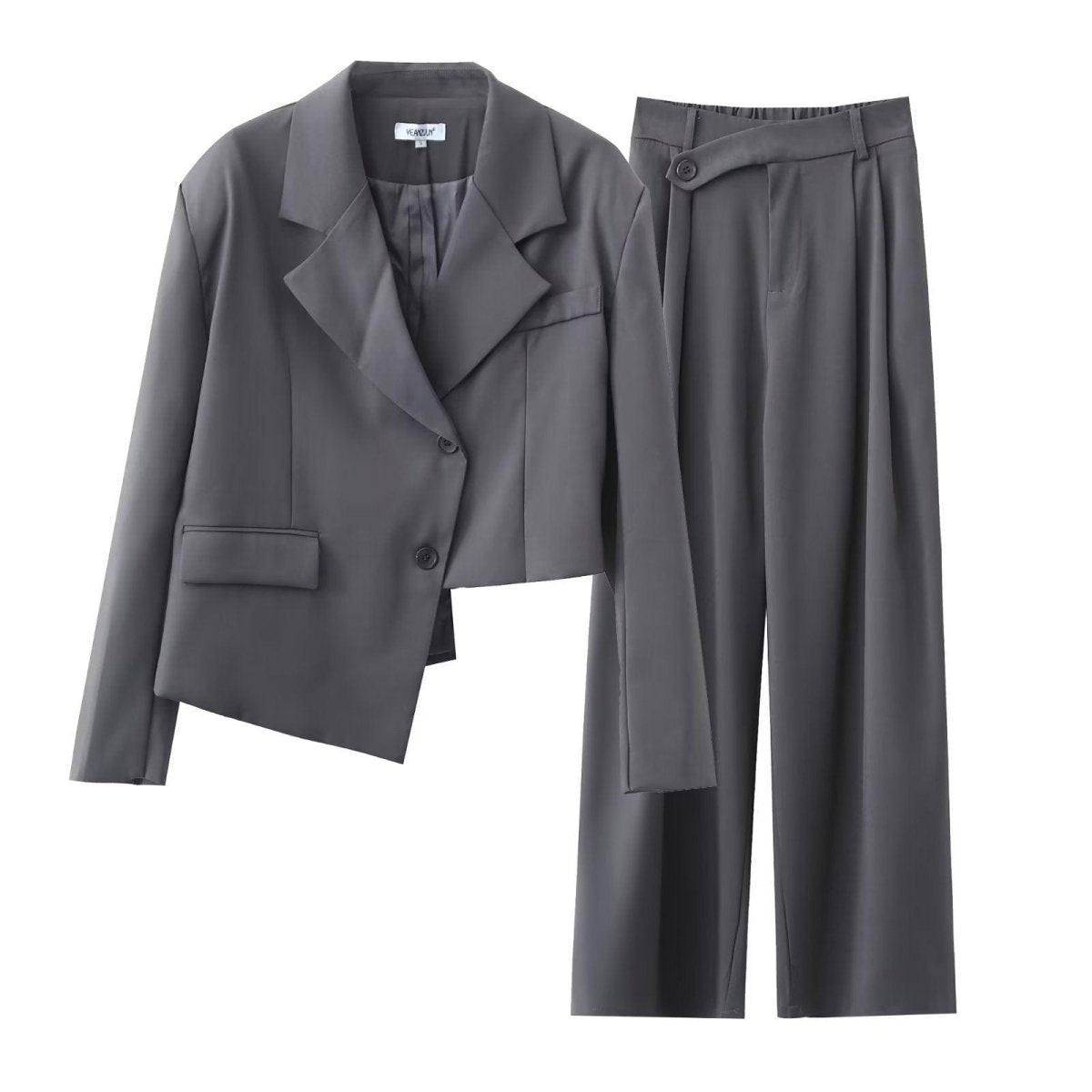 Women’s Asymmetric Short Blazer & High Waist Wide Leg Pants Set - ForVanity pant suit, women's clothing, women's outfits, women's suits Pant Suits