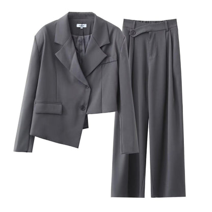 Asymmetric Short Blazer & High Waist Wide Leg Pants Suit - ForVanity