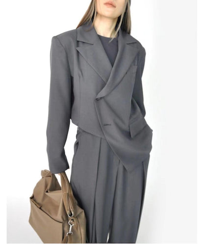 Asymmetric Short Blazer & High Waist Wide Leg Pants Suit - ForVanity