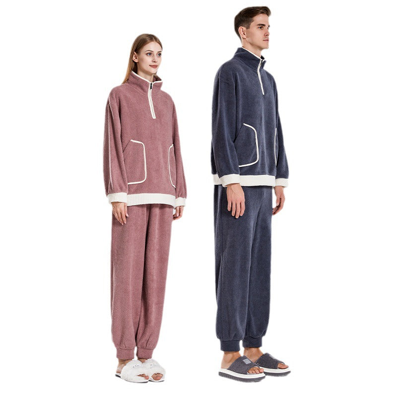 Fashionable Simple Waxberry Velvet Warm Outerwear Couple Pajamas