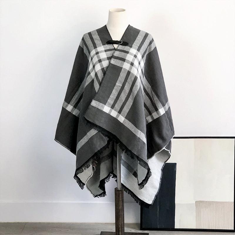 Double-Sided Plaid Shawl with Tassel Detail - Elegant Wool Warmth for Women - ForVanity scarves & wraps, women's accessories Shawl