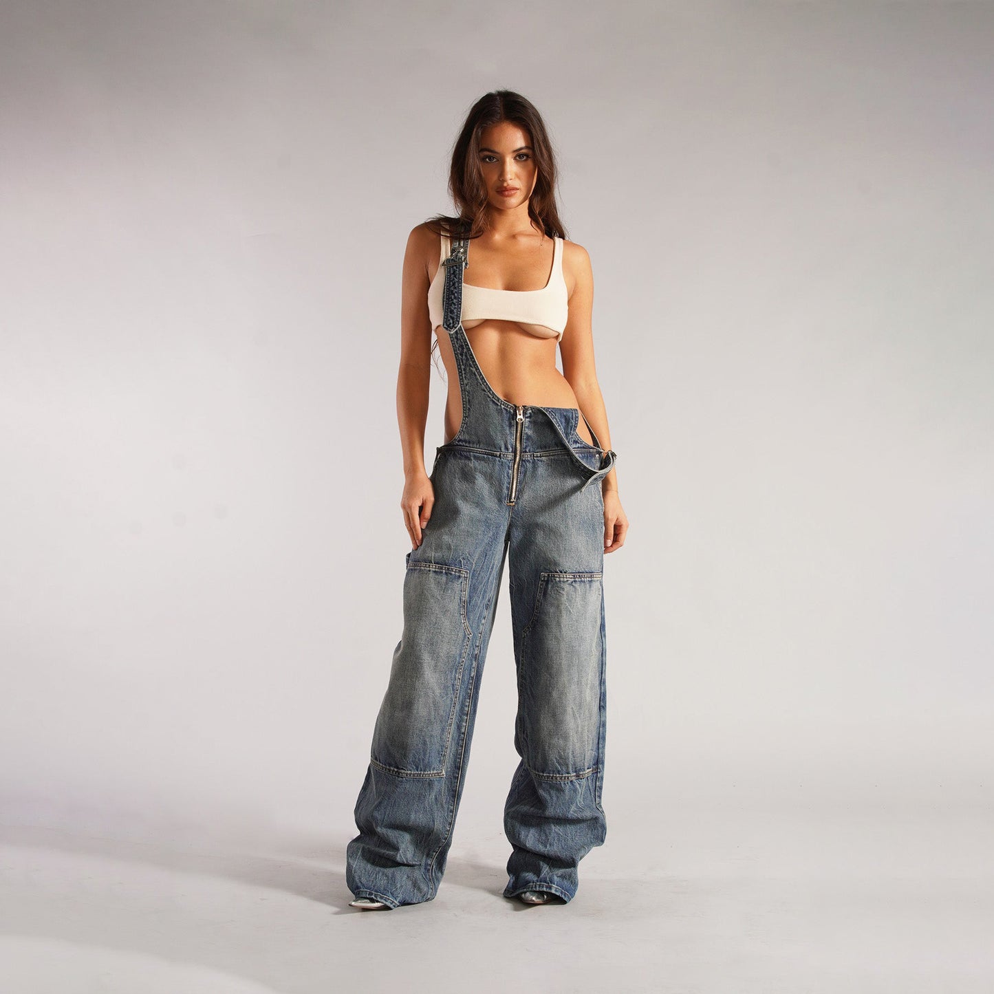 Denim Overalls With Pockets Loose Jumpsuit Streetwear Zipper Jeans