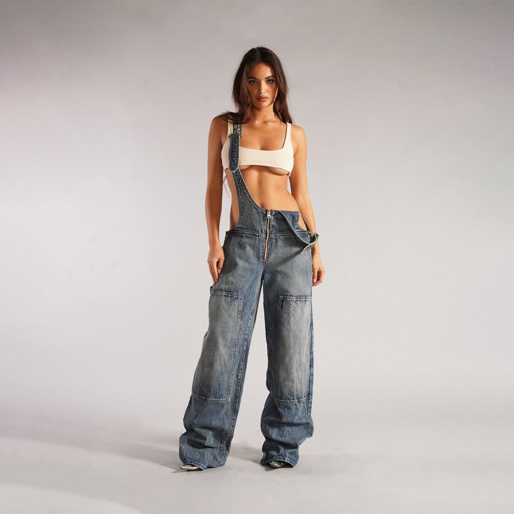 Denim Overalls With Pockets Loose Jumpsuit Streetwear Zipper Jeans - ForVanity 4