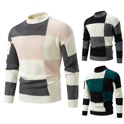 Men's Half Turtleneck Color Matching Sweater - Casual Pullover