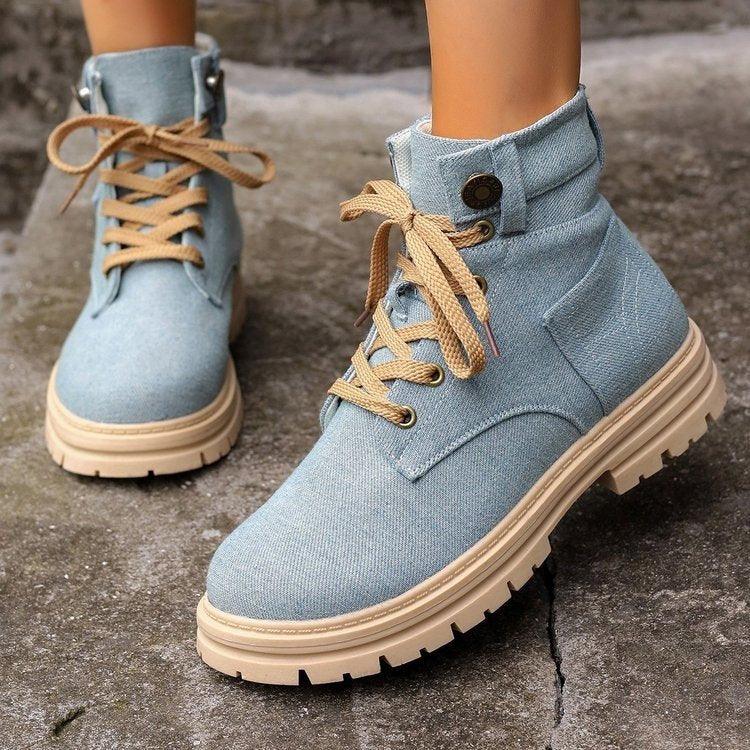 Lace-up Denim Ankle Boots Women Fashion Platform Cowboy Boots Casual Fashion Autumn Winter Round Toe Shoes - ForVanity Boots