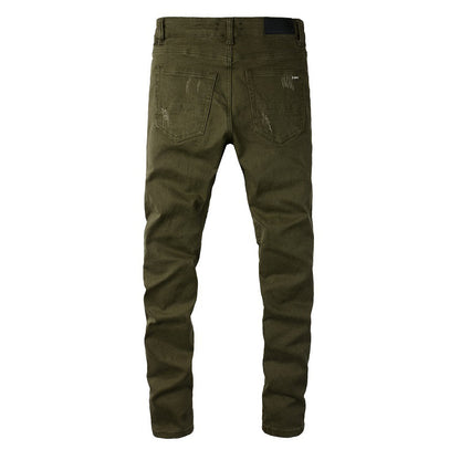 Men's Army Green Ripped Slim Fit Jeans - Korean Style