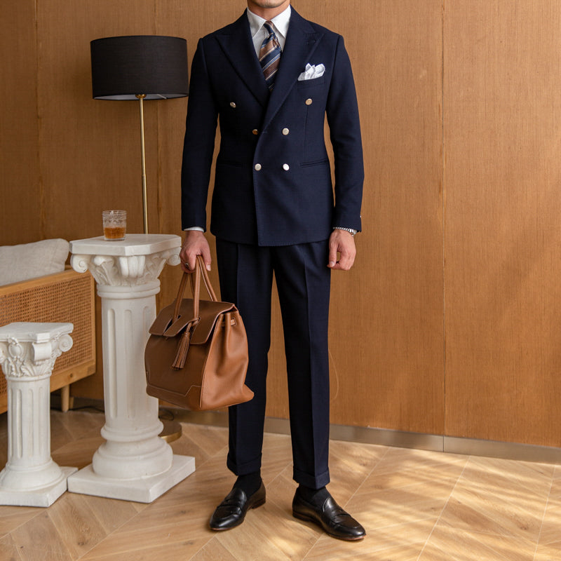 Men's Slim Double-Breasted Suit in Off-White & Navy Blue
