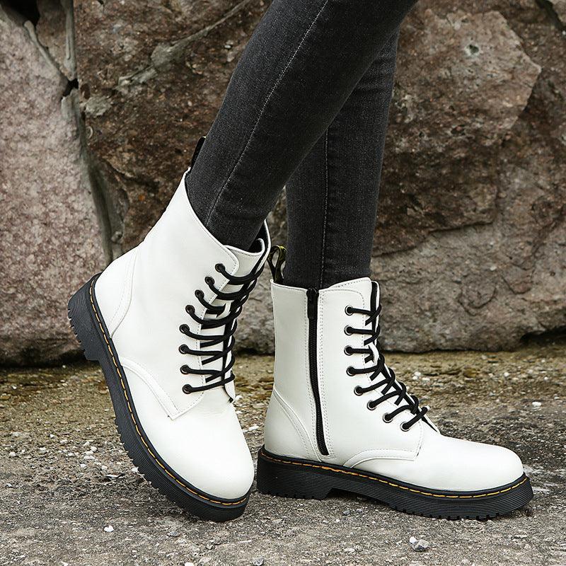 Fashion Lace-up Boots For Women Autumn And Winter Black White Zipper Mid-calf Boots Elegant Low Heel Shoes - ForVanity Boots