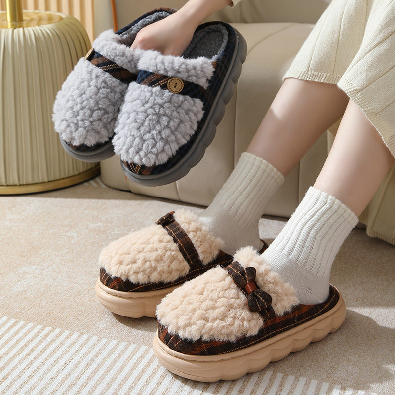 Winter Plush Slippers With Bow Button Design Indoor Non-slip Thick-soled Fur Home Slipper Fluffy Slides Household Warm Hose Shoes For Women