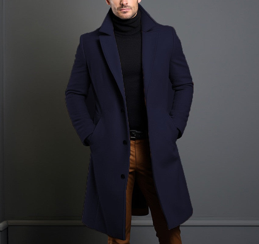 Men's Woolen Mid-length Trench Coat - British Style, Straight Hem