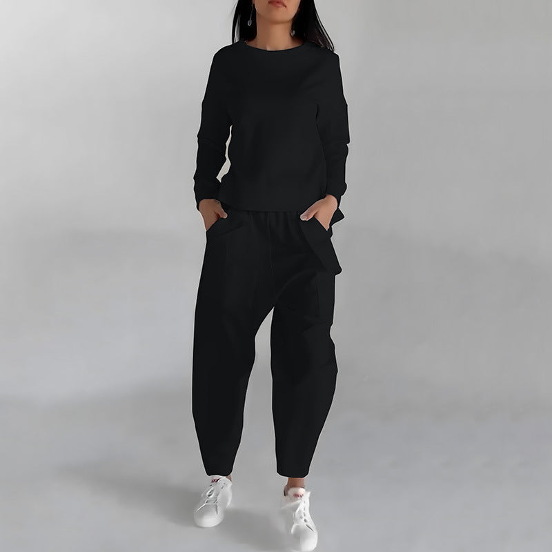 Solid Color Fashion Sweatshirt Long Sleeve Back Slit Top With Pockets Loose Trousers