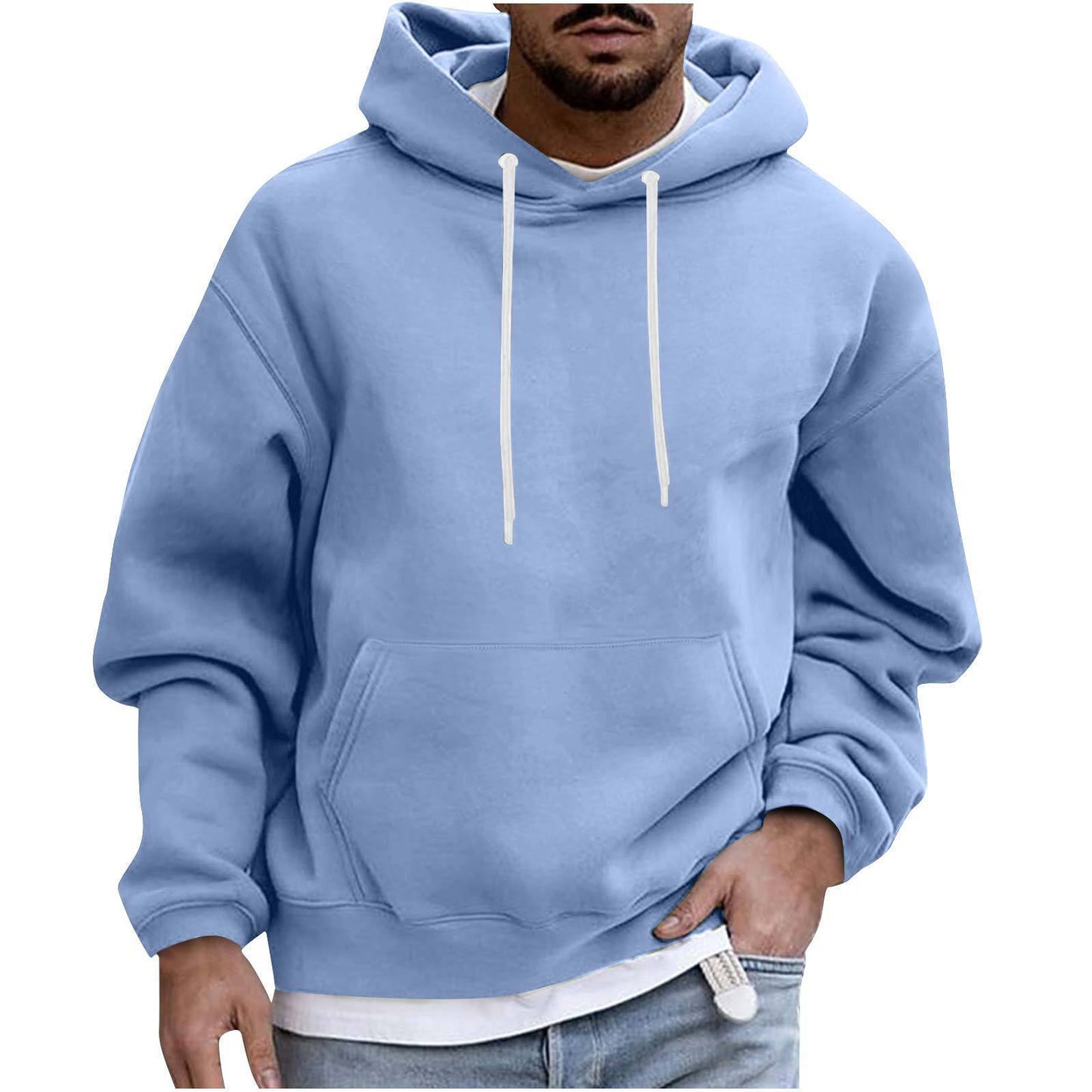 Men's Solid Color Casual Hoodie - Pullover, Drop-Shoulder