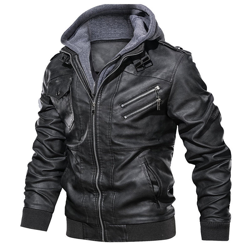 Men's PU Leather Motorcycle Jacket - Casual Biker Style, Detachable Hood