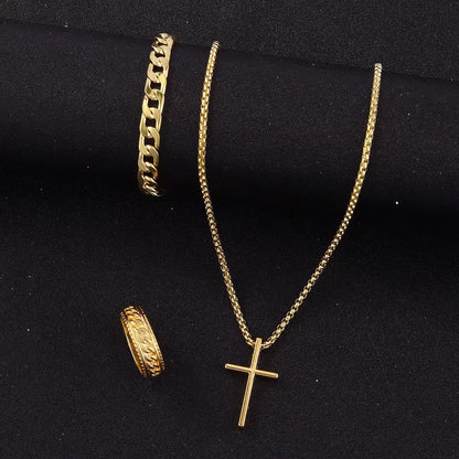 Men's Cross Necklace, Ring, and Bracelet Set