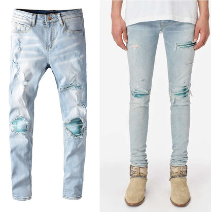 Men's Water-Worn Patched Torn Jeans in Baby Blue Wash
