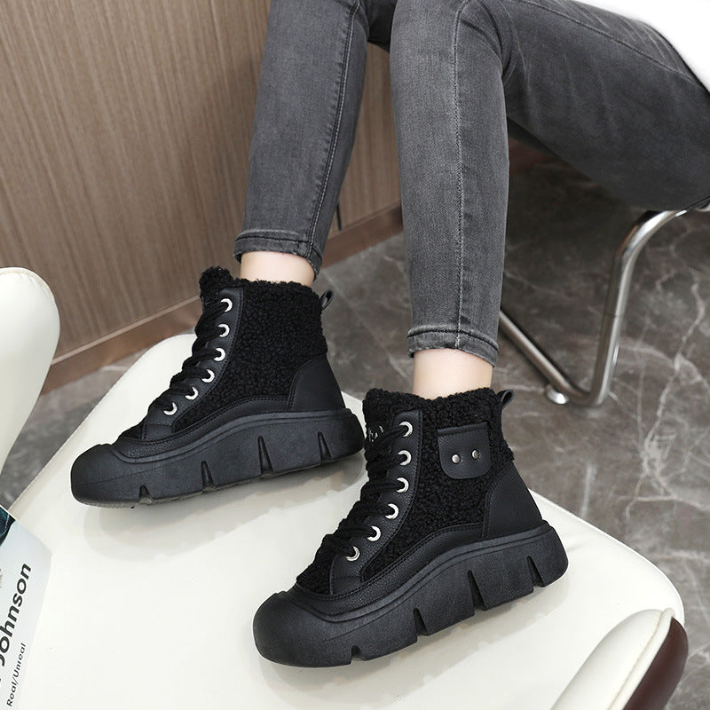 Lace-up High-top Flat Shoes For Women Winter Warm Cashmere Snow Boots Fashion Street Campus Students Height Increasing Shoes