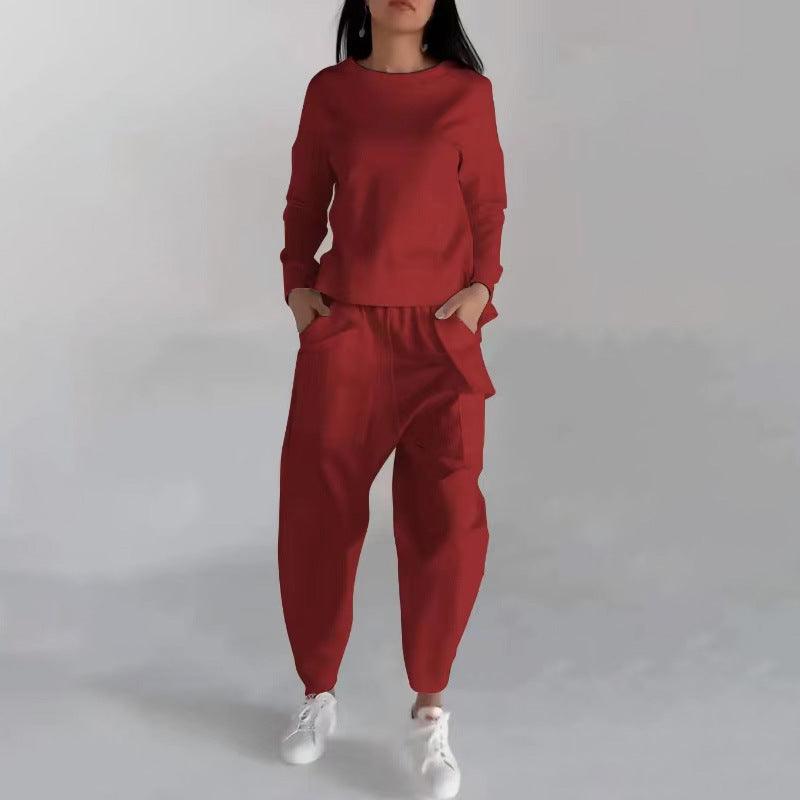 Solid Color Fashion Sweatshirt Long Sleeve Back Slit Top With Pockets Loose Trousers - ForVanity 4