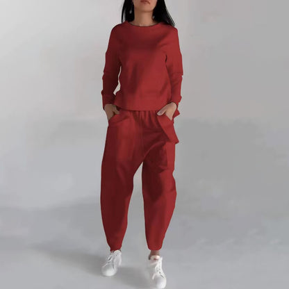 Solid Color Fashion Sweatshirt Long Sleeve Back Slit Top With Pockets Loose Trousers