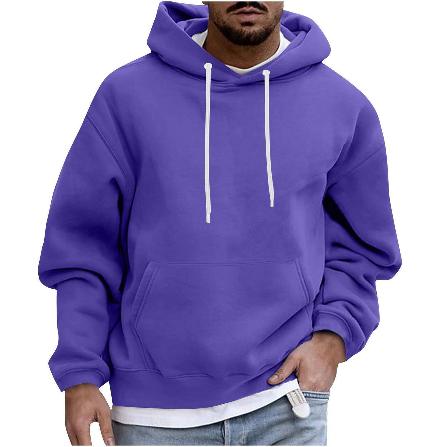 Men's Solid Color Casual Hoodie - Pullover, Drop-Shoulder