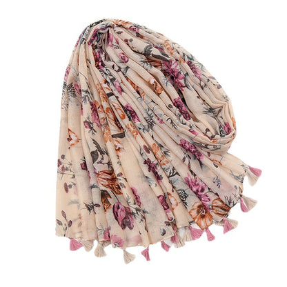 Floral Cotton & Linen Scarf with Fringe Detail - Medium-Length Elegance for Women