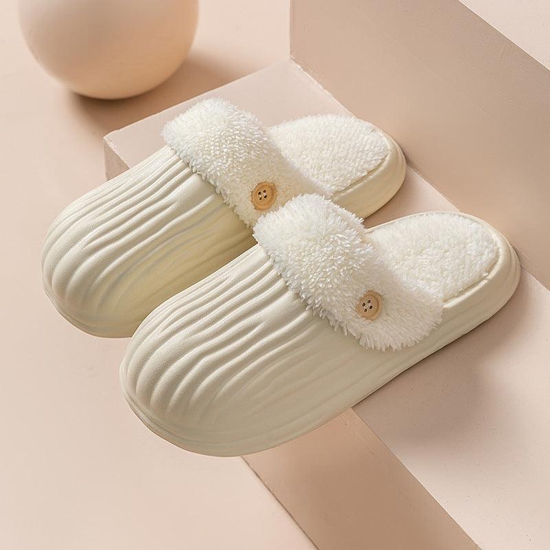 New Detachable House Slippers Winter Warm Waterproof Removable Fluffy Slippers With Button Design Non-slip Plush Shoes For Women Men - ForVanity SLIPPERS