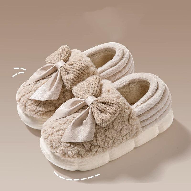 Big Bow-knot Fluffy Slippers Winter Warm Covered Heel Cotton Shoes Fashion Thick-soled Platform Slippers Indoor And Outdoor Garden Walking Shoes - ForVanity SLIPPERS