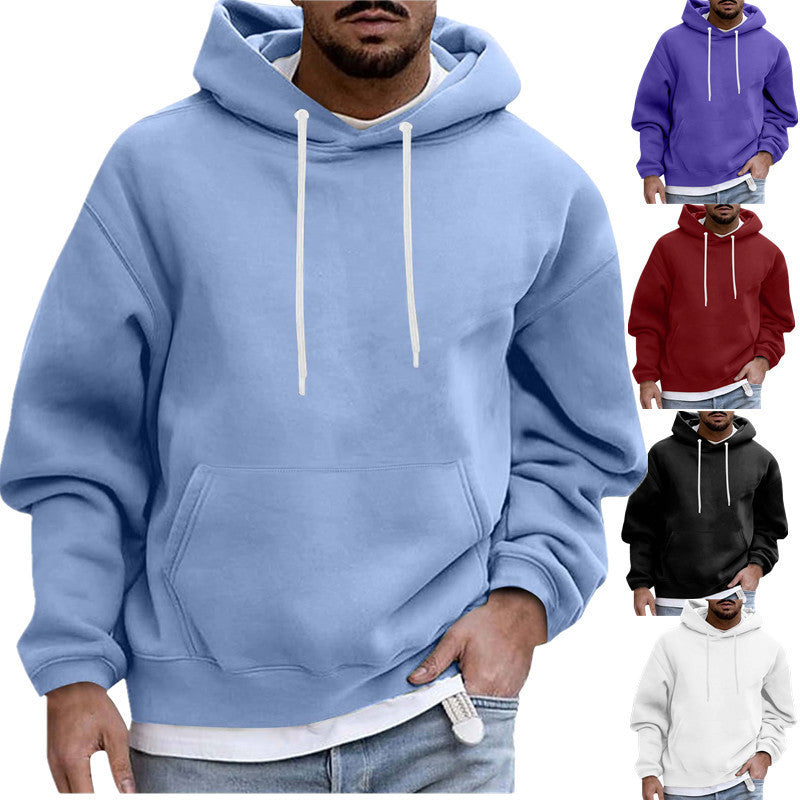 Men's Solid Color Casual Hoodie - Pullover, Drop-Shoulder