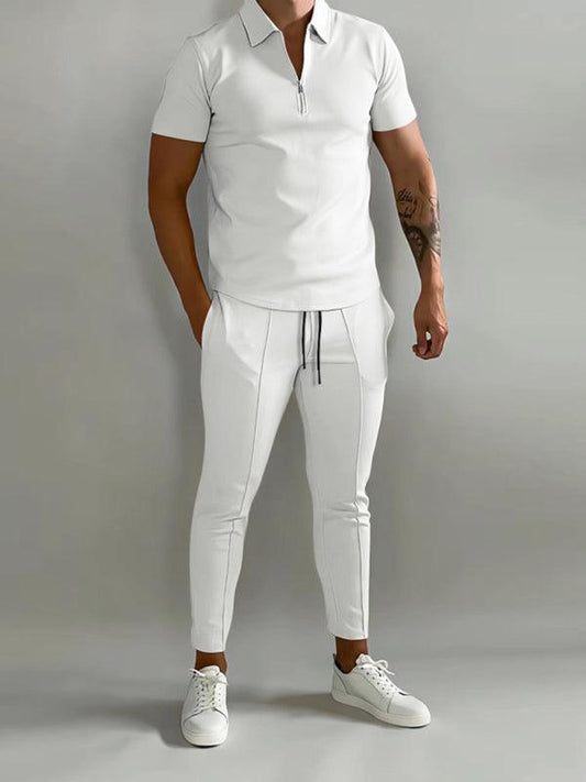 Stylish & Comfortable Men's Polo Shirt & Trousers Set - Solid Color - ForVanity men's clothing, men's outfits Men’s Outfits