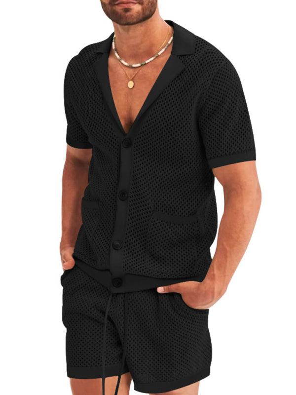 Stylish Men's Short-Sleeve Knit Suit with Lapel Cardigan - ForVanity men's clothing, men's outfits Men’s Outfits