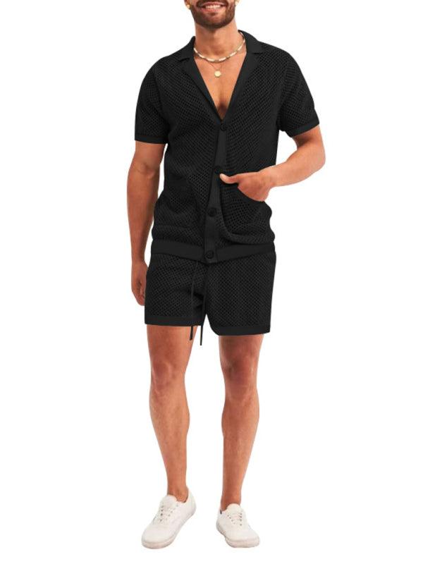 Stylish Men's Short-Sleeve Knit Suit with Lapel Cardigan - ForVanity men's clothing, men's outfits Men’s Outfits