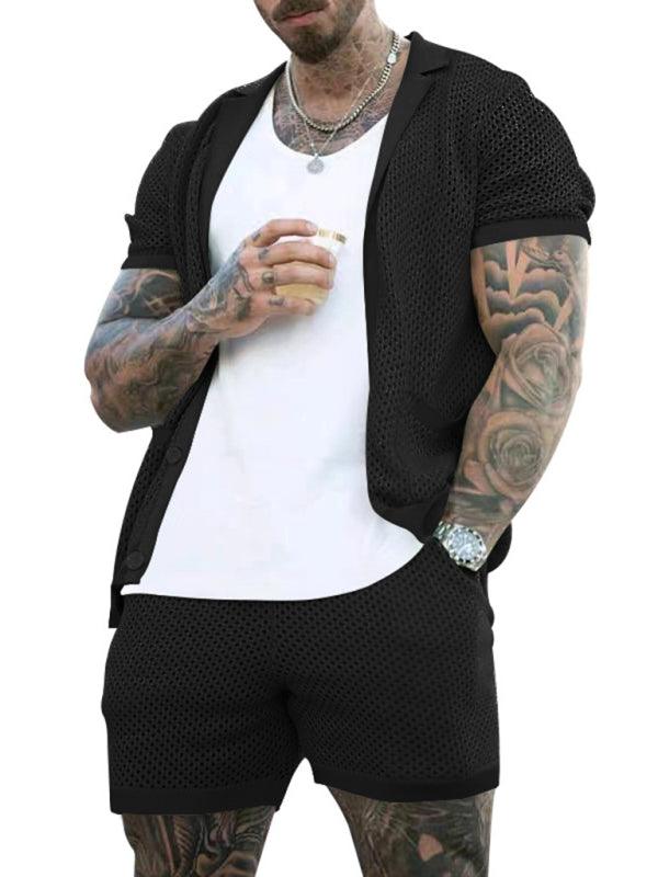 Stylish Men's Short-Sleeve Knit Suit with Lapel Cardigan - ForVanity men's clothing, men's outfits Men’s Outfits