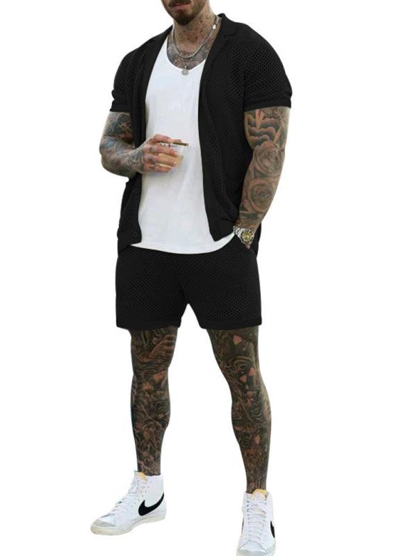 Stylish Men's Short-Sleeve Knit Suit with Lapel Cardigan - ForVanity men's clothing, men's outfits Men’s Outfits