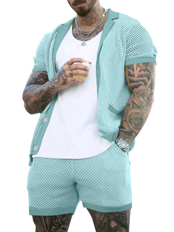 Stylish Men's Short-Sleeve Knit Suit with Lapel Cardigan - ForVanity men's clothing, men's outfits Men’s Outfits