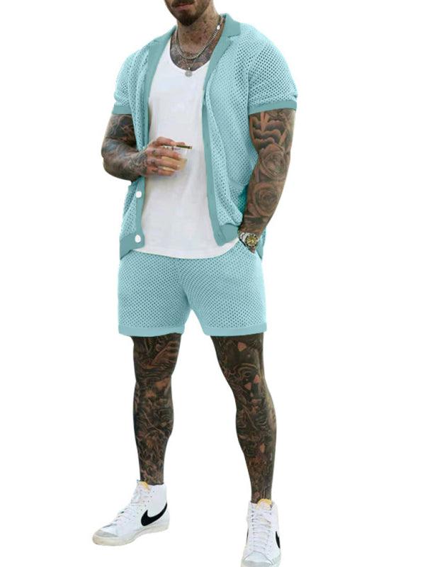 Stylish Men's Short-Sleeve Knit Suit with Lapel Cardigan - ForVanity men's clothing, men's outfits Men’s Outfits