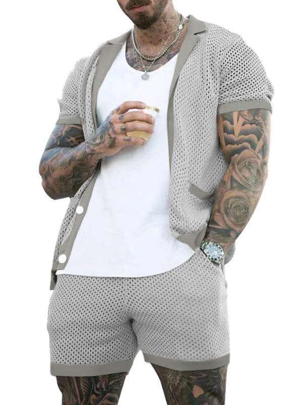 Stylish Men's Short-Sleeve Knit Suit with Lapel Cardigan - ForVanity men's clothing, men's outfits Men’s Outfits