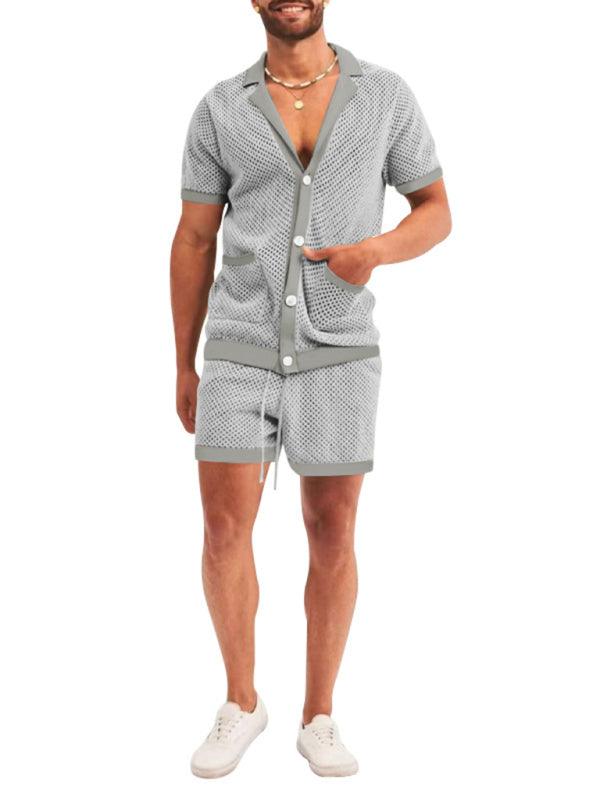 Stylish Men's Short-Sleeve Knit Suit with Lapel Cardigan - ForVanity men's clothing, men's outfits Men’s Outfits