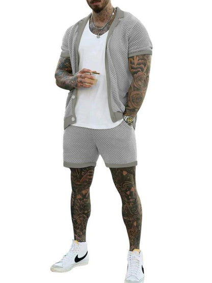 Stylish Men's Short-Sleeve Knit Suit with Lapel Cardigan - ForVanity men's clothing, men's outfits Men’s Outfits