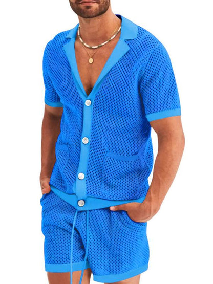 Stylish Men's Short-Sleeve Knit Suit with Lapel Cardigan - ForVanity men's clothing, men's outfits Men’s Outfits