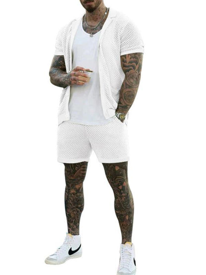 Stylish Men's Short-Sleeve Knit Suit with Lapel Cardigan - ForVanity men's clothing, men's outfits Men’s Outfits