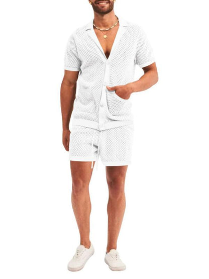 Stylish Men's Short-Sleeve Knit Suit with Lapel Cardigan - ForVanity men's clothing, men's outfits Men’s Outfits