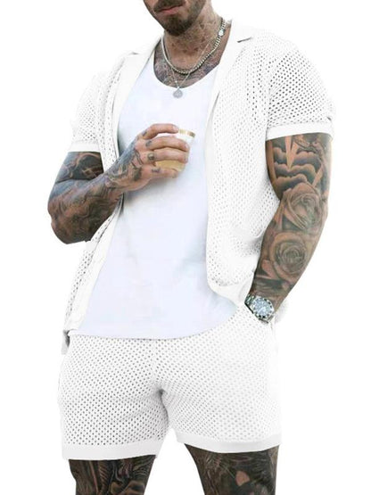 Stylish Men's Short-Sleeve Knit Suit with Lapel Cardigan - ForVanity men's clothing, men's outfits Men’s Outfits