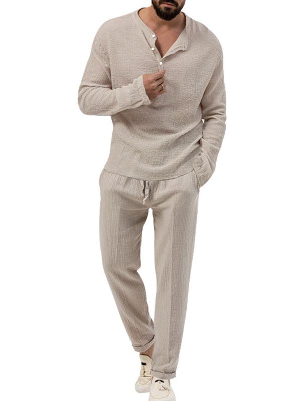 Versatile Men's Suit - Solid Color Long-Sleeve Shirt & Trousers - ForVanity men's clothing, men's outfits Men’s Outfits