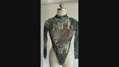 Trendy Long Sleeve Animal Print Swimsuit with Elegant Fishnet Detail
