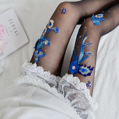 Floral Embroidered Cherry Blue Banshee Pattern Stockings - ForVanity lingerie accessories, Pantyhose & Stockings, women's lingerie Stockings