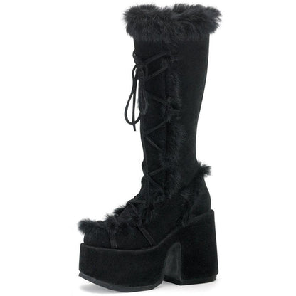 Women's Front Lace-up Design Thick Bottom Fur High-heeled Boots - ForVanity boots, women's shoes Boots