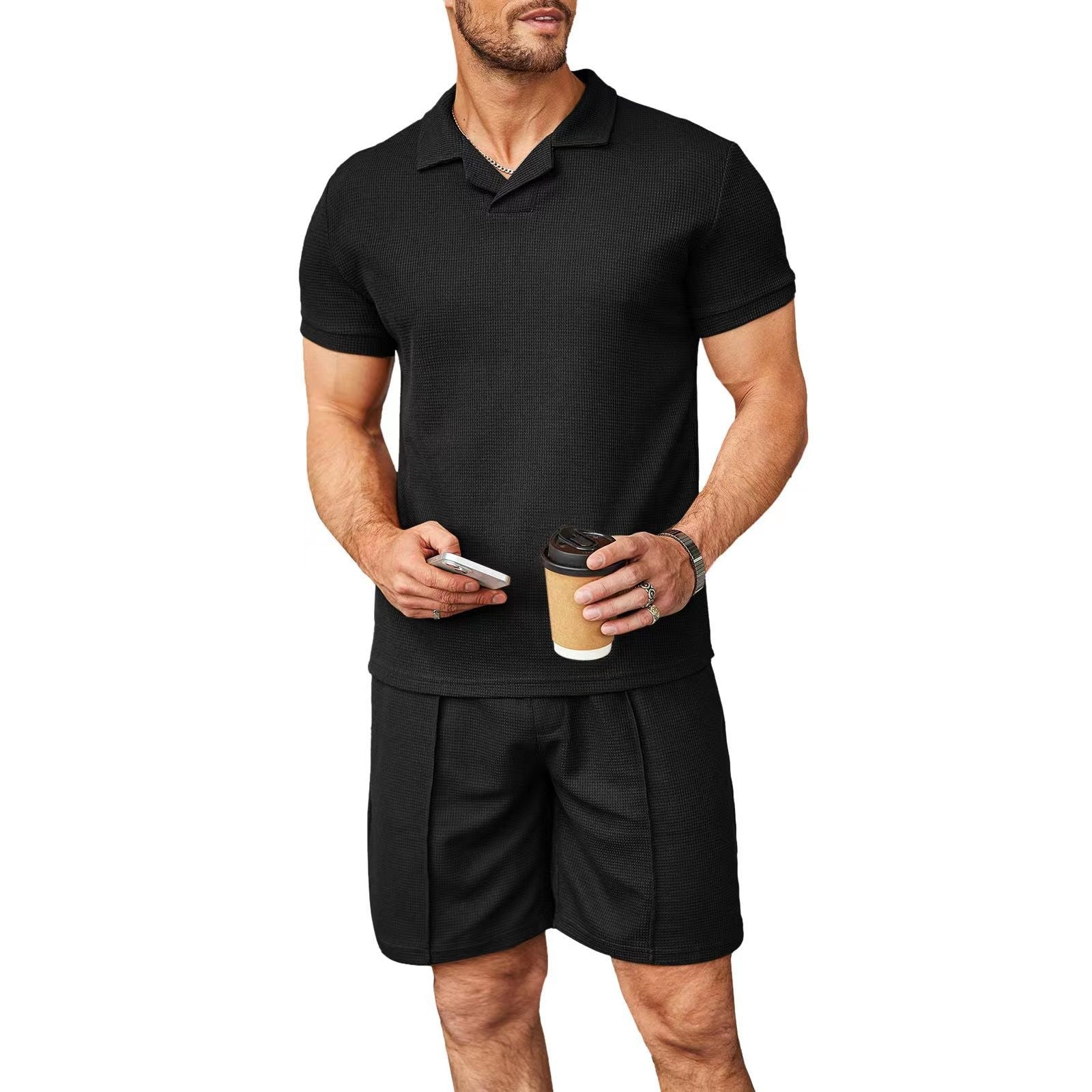 Men's 2-Piece Waffle Style V-Neck Polo Shirt & Shorts Set - ForVanity men's clothing, men's outfits, men's set, short outfit Men's Outfit