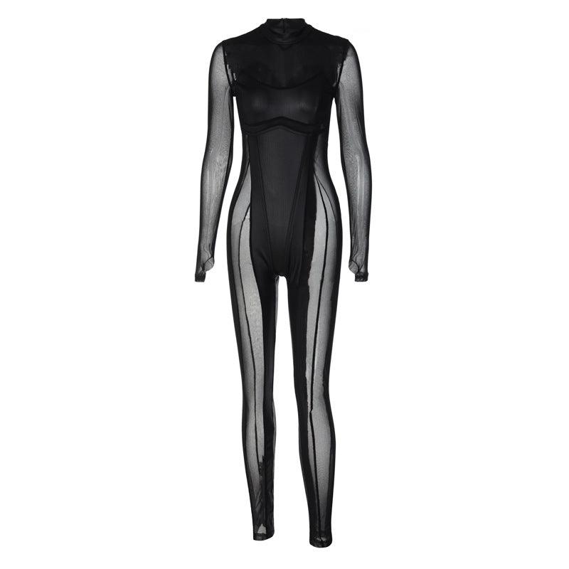 Sexy Stitching Mesh Long Sleeve Zipper Jumpsuit for Women - ForVanity jumpsuits, Jumpsuits & Rompers, women's clothing Jumpsuits